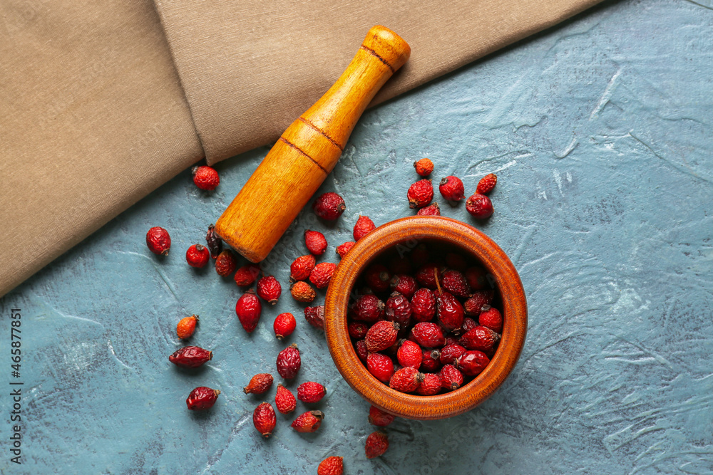 Mortar and pestle with dried rose hip berries on blue background