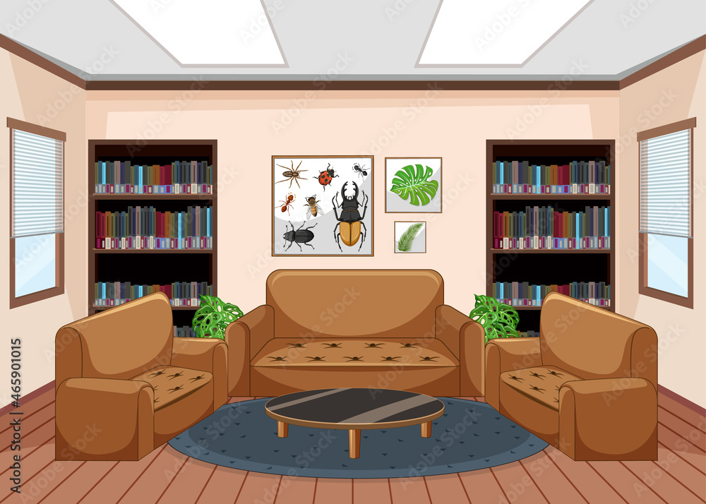 Empty library interior design with bookshelves