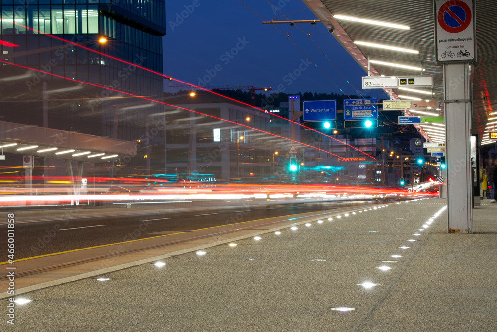 Railway, tram and bus station Hard Bridge at autumn night at City of Zürich. Photo taken October 9th