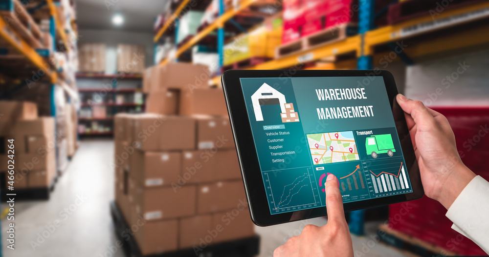 Warehouse management innovative software in computer for real time monitoring of goods package deliv