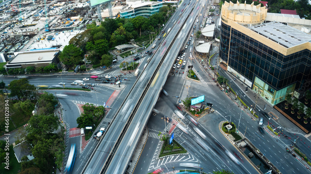 Busy highway road junction in metropolis city center . Transportation and infrastructure concept .