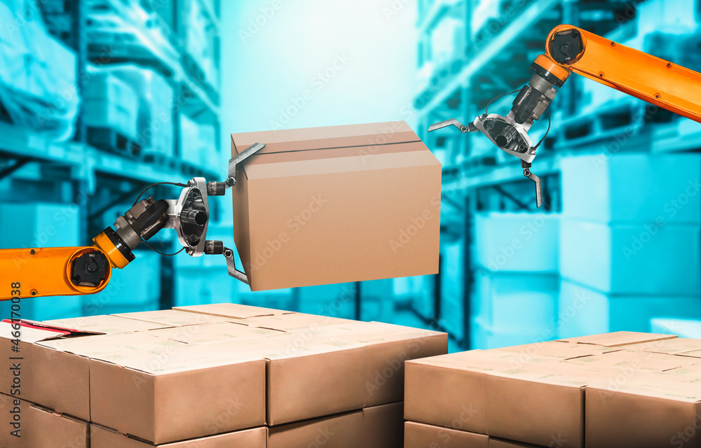 Smart robot arm system for innovative warehouse and factory digital technology . Automation manufact