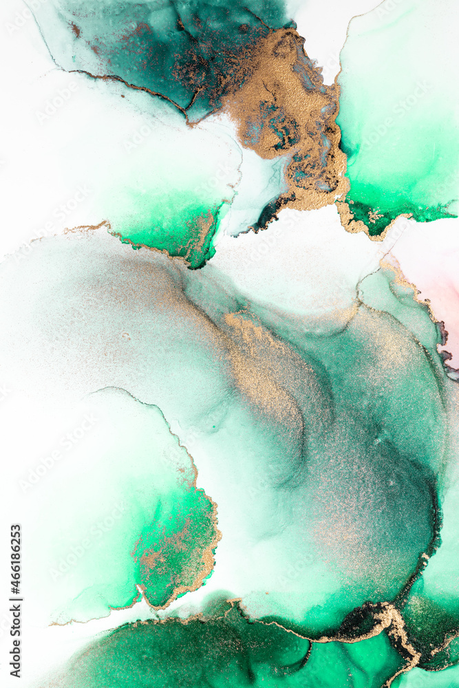 Green gold abstract background of marble liquid ink art painting on paper . Image of original artwor