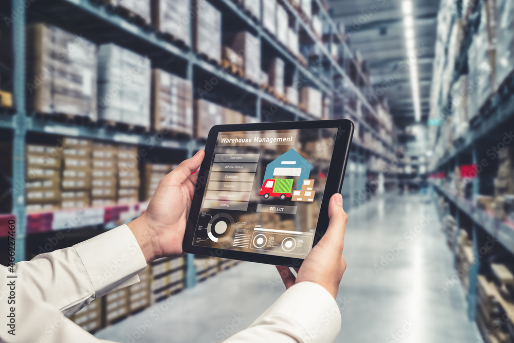 Warehouse management innovative software in computer for real time monitoring of goods package deliv