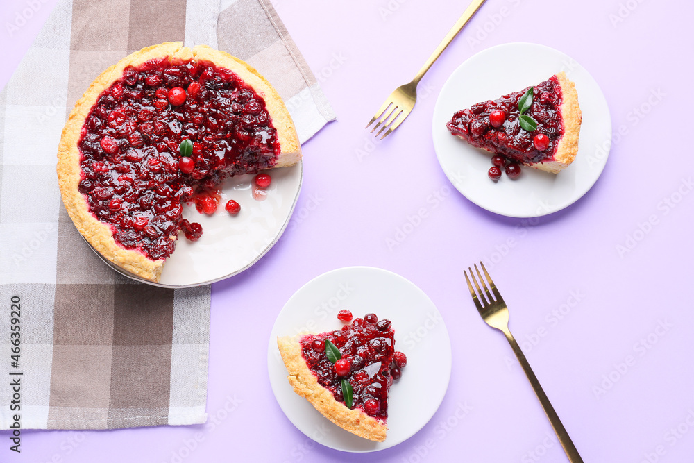 彩色背景上有美味的lingonberry馅饼的盘子