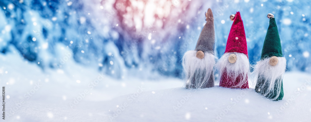 三个可爱的侏儒在下雪的冬季森林里的雪堆里。