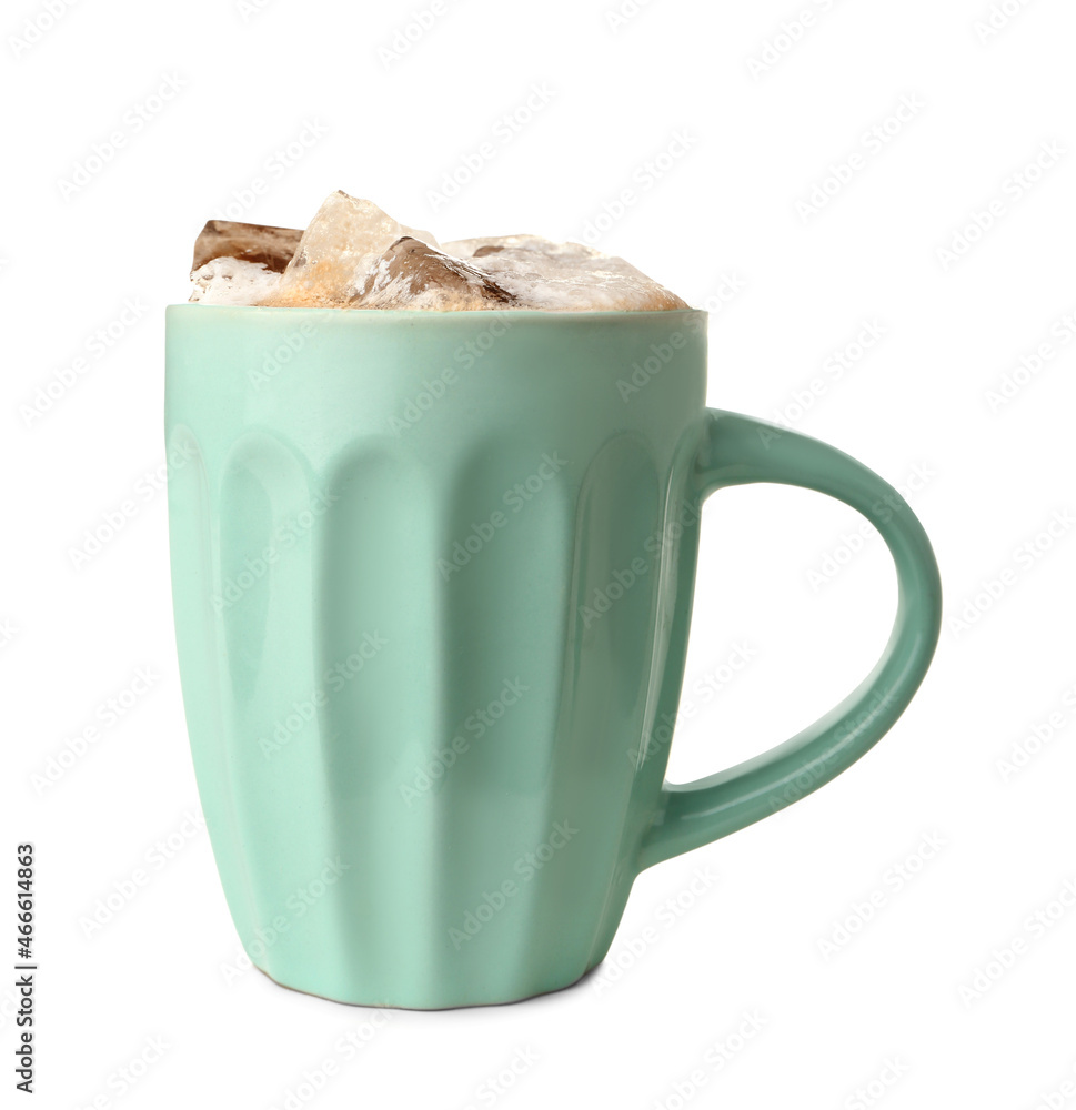 Cup of iced hojicha latte on white background