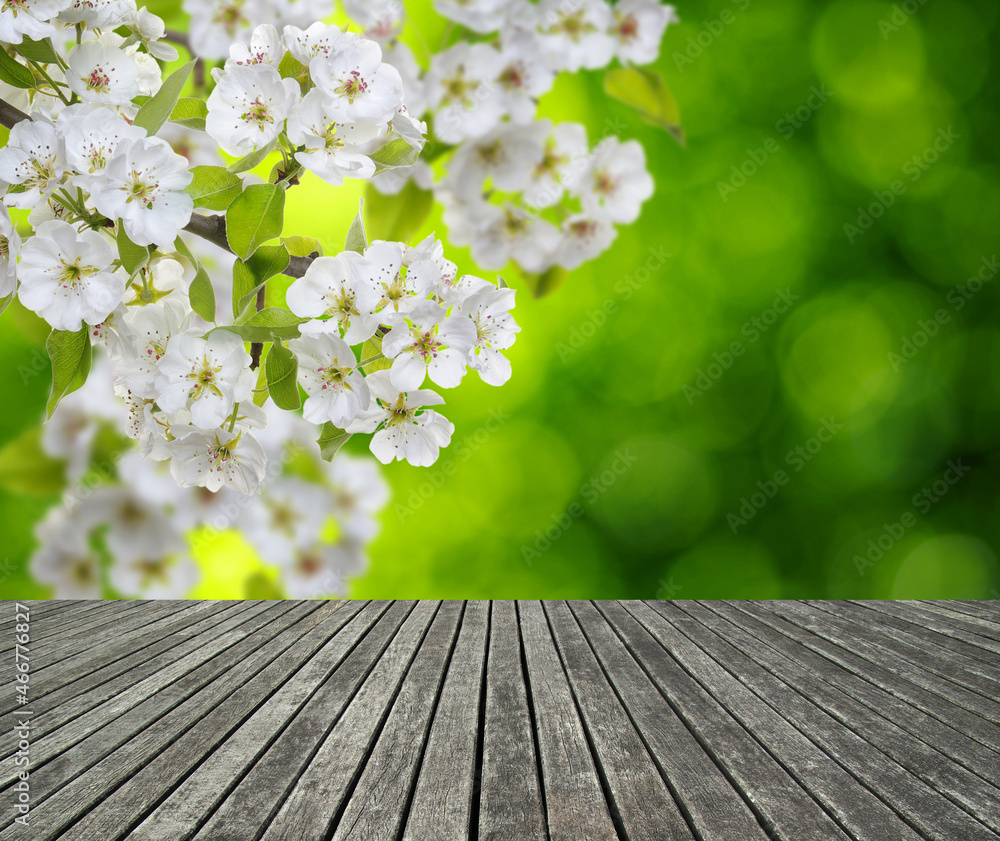 wooden table spring blossom