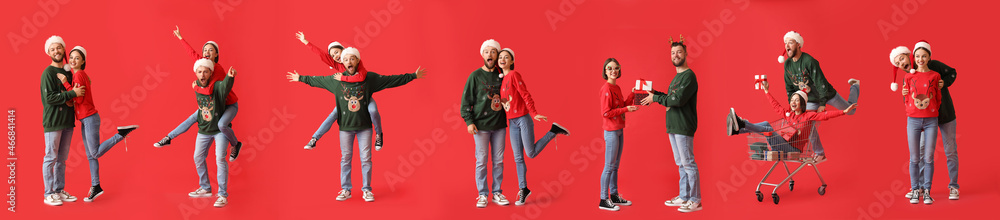 Set of young couple in stylish Christmas clothes on red background