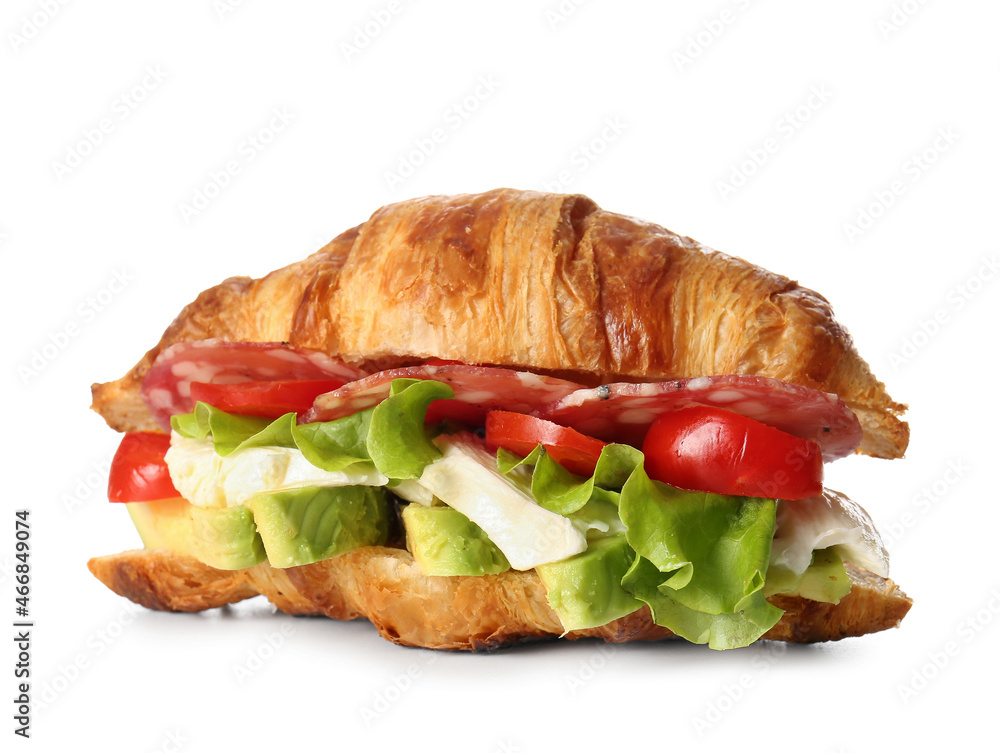 Delicious croissant sandwich on white background