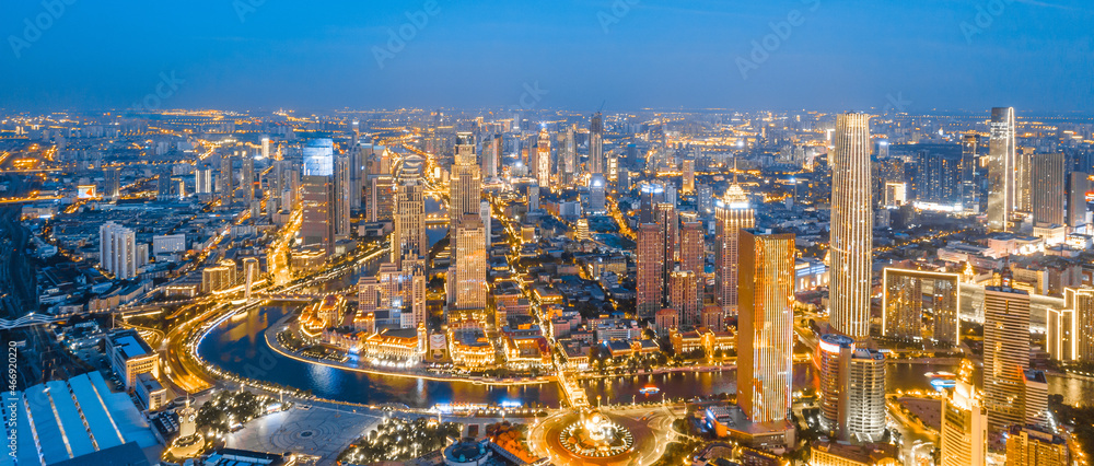 Aerial photography of Tianjin Jinwan Square and Century Clock CBD city skyline at night, China