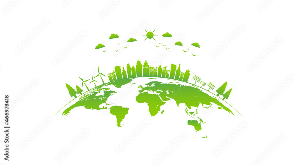 Ecology concept with green city on earth, World environment and sustainable development concept, vec