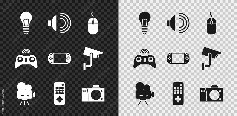 Set Light bulb with concept of idea, Speaker volume, Computer mouse, Retro cinema camera, Remote con