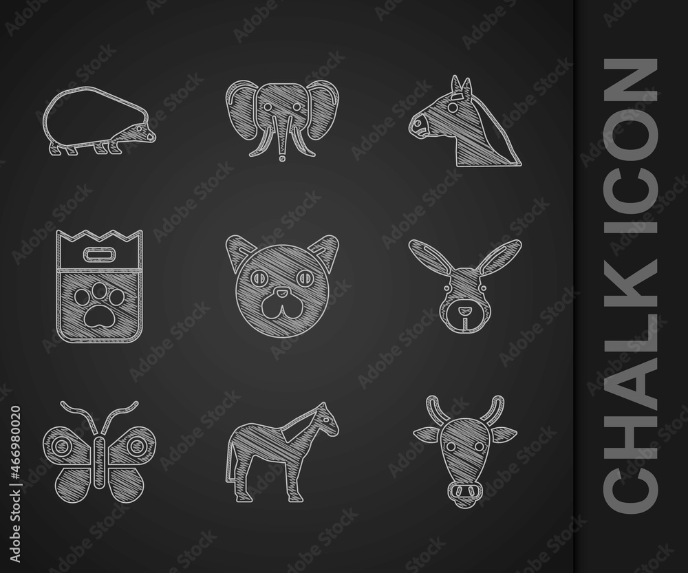 Set Cat, Horse, Cow head, Rabbit, Butterfly, Bag of food, and Hedgehog icon. Vector