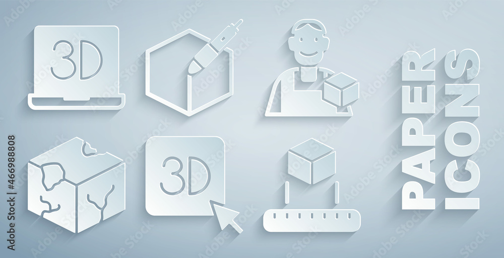 设置3D打印机、平面设计师、等角立方体、3D笔工具和图标。矢量