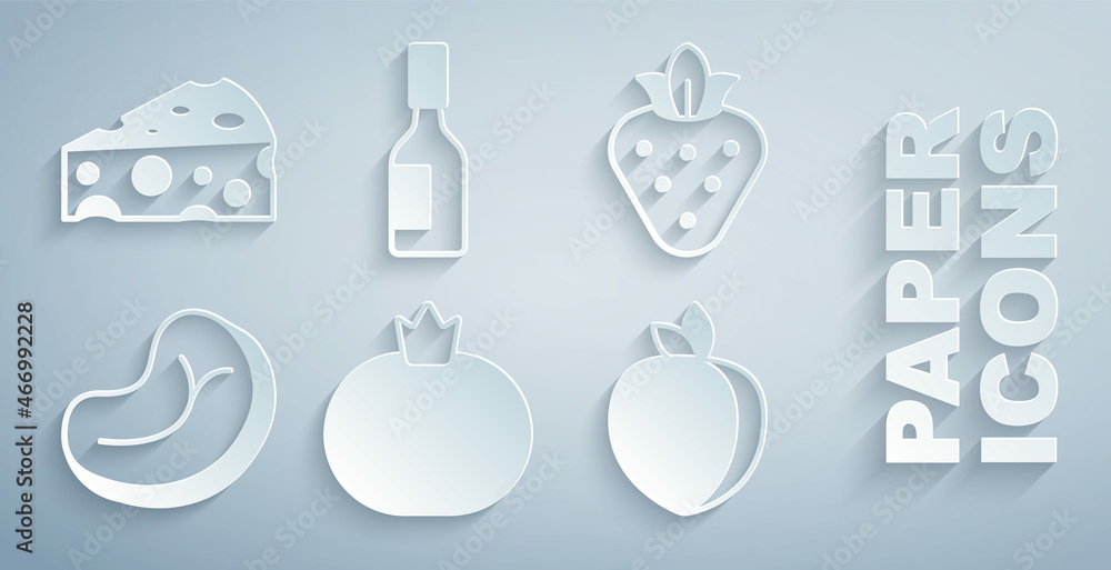 Set Tomato, Strawberry, Steak meat, Plum fruit, Tabasco sauce and Cheese icon. Vector