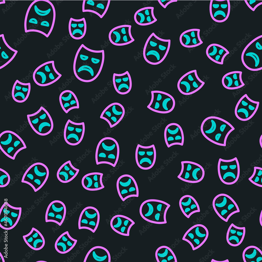 Line Drama theatrical mask icon isolated seamless pattern on black background. Vector