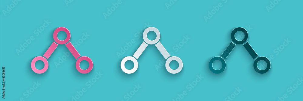 Paper cut Molecule icon isolated on blue background. Structure of molecules in chemistry, science te