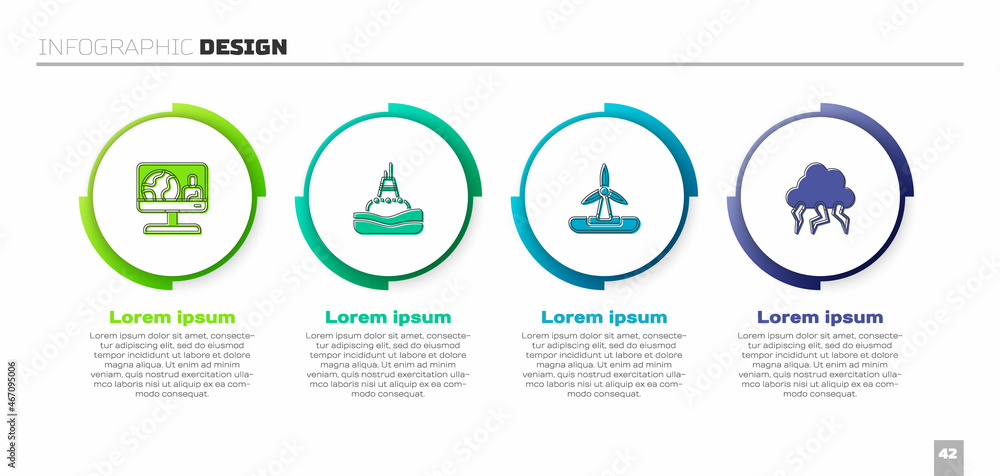 设置天气预报、海上漂浮浮标、风力涡轮机和风暴。商业信息图模板.V