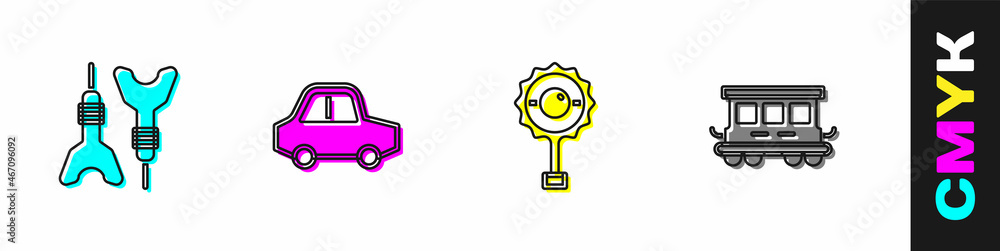 Set Dart arrow, Toy car, Rattle baby toy and Passenger train cars icon. Vector