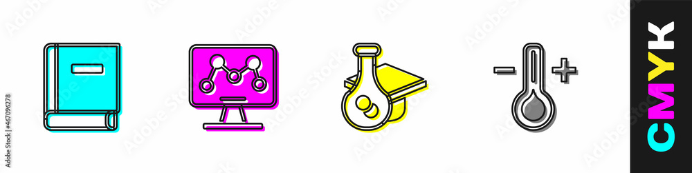 设置科学书籍，基因工程，毕业帽和温度计图标。矢量