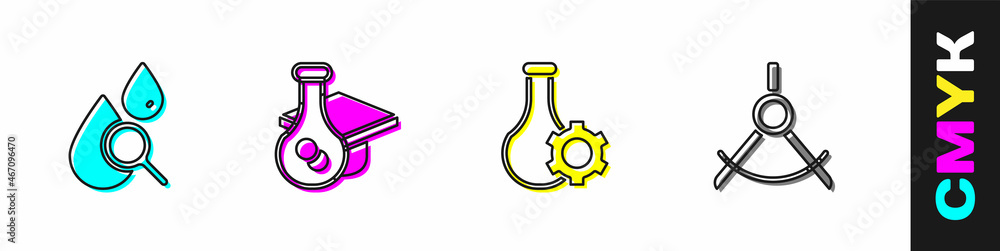 设置滴管和放大镜、刻度帽、试管和绘图指南针图标。矢量
