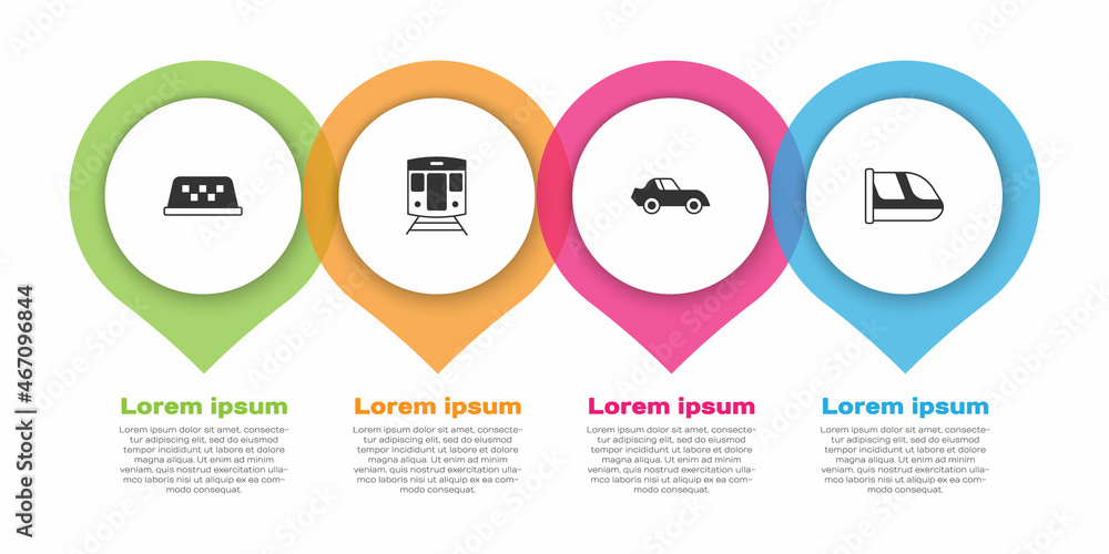 Set Taxi car roof, Train and railway, Car and . Business infographic template. Vector