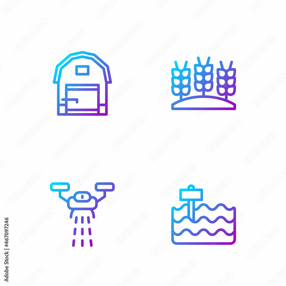 Set line Garden bed, Smart farm with drone, Farm house and Wheat. Gradient color icons. Vector