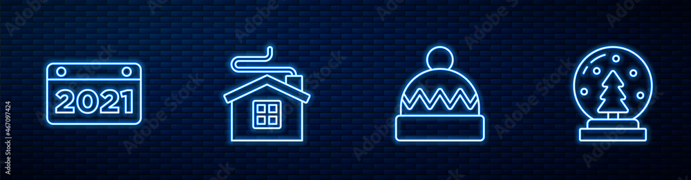 Set line Winter hat, Calendar, Merry Christmas house and snow globe. Glowing neon icon on brick wall