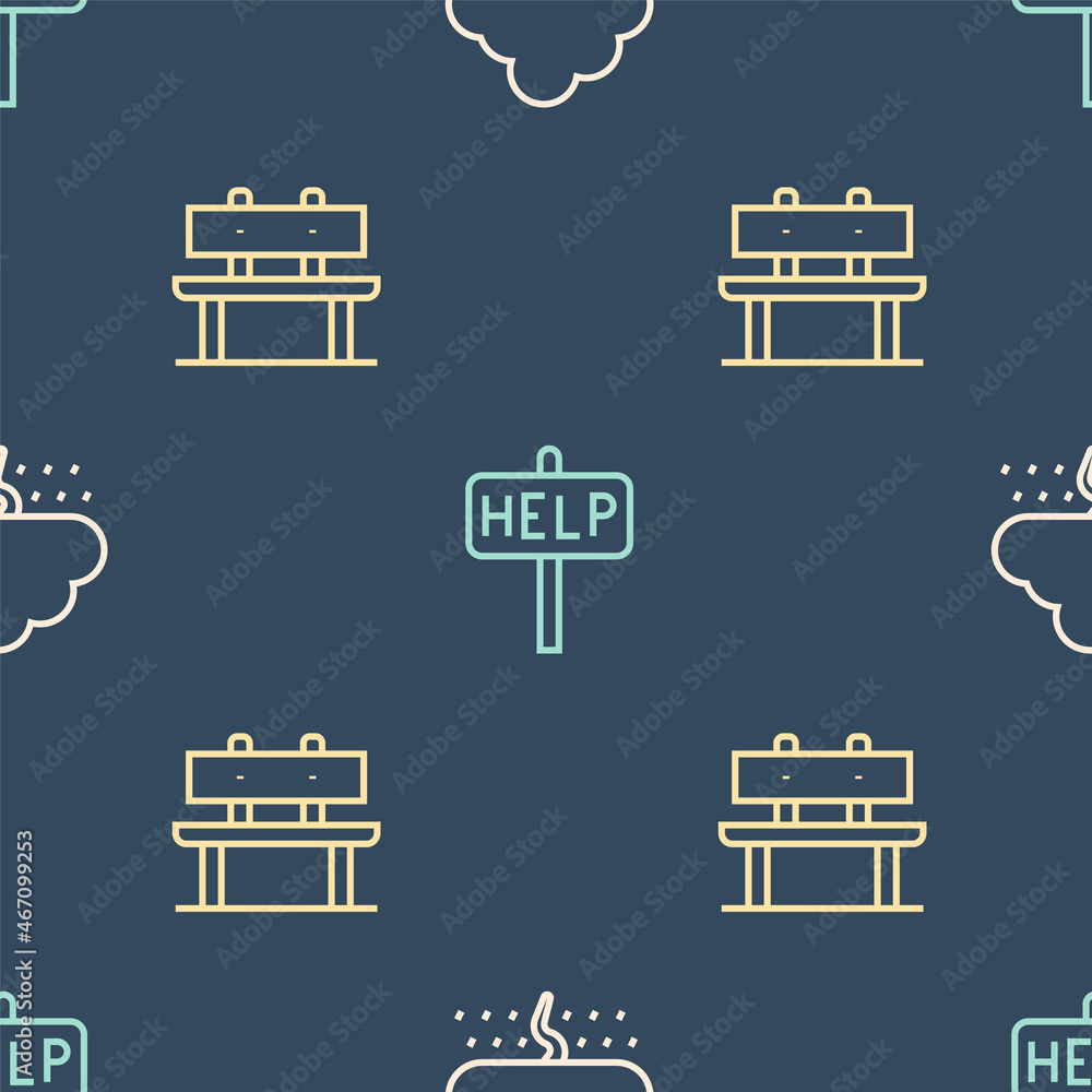 在无缝图案上设置带雨的Cloud、Bench和Ask for help text。Vector