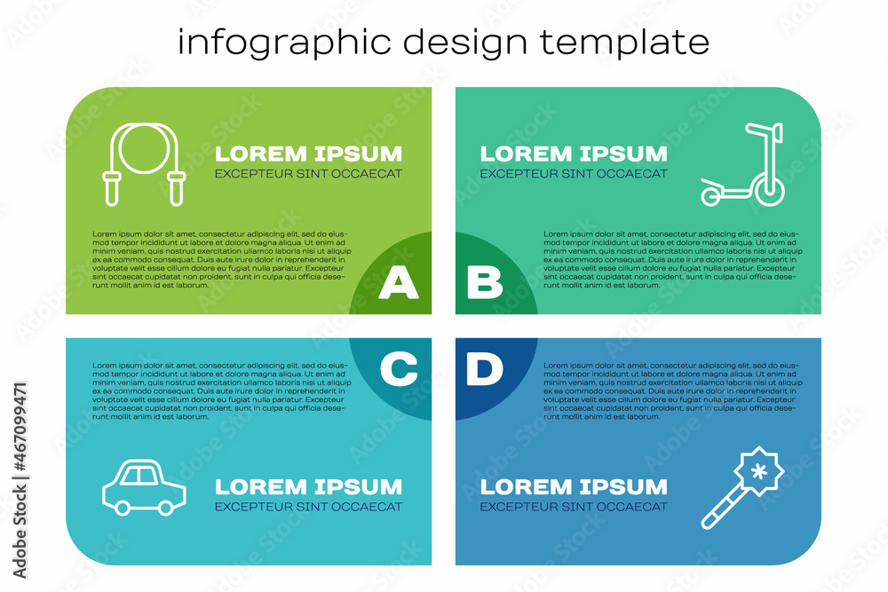 玩具车、跳绳、魔杖和过山车。商业信息图表模板。矢量
