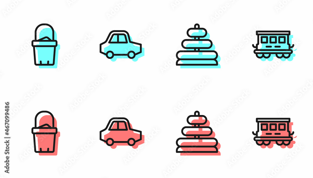 Set line Pyramid toy, Sand in bucket, Toy car and Passenger train cars icon. Vector