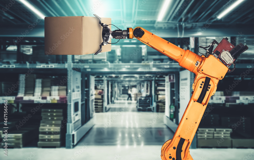 Smart robot arm system for innovative warehouse and factory digital technology . Automation manufact