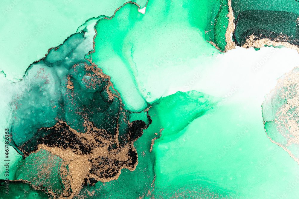 Green gold abstract background of marble liquid ink art painting on paper . Image of original artwor