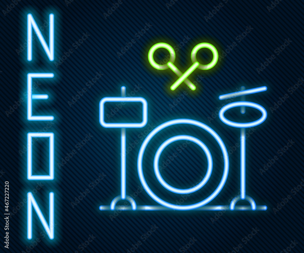 Glowing neon line Drums icon isolated on black background. Music sign. Musical instrument symbol. Co