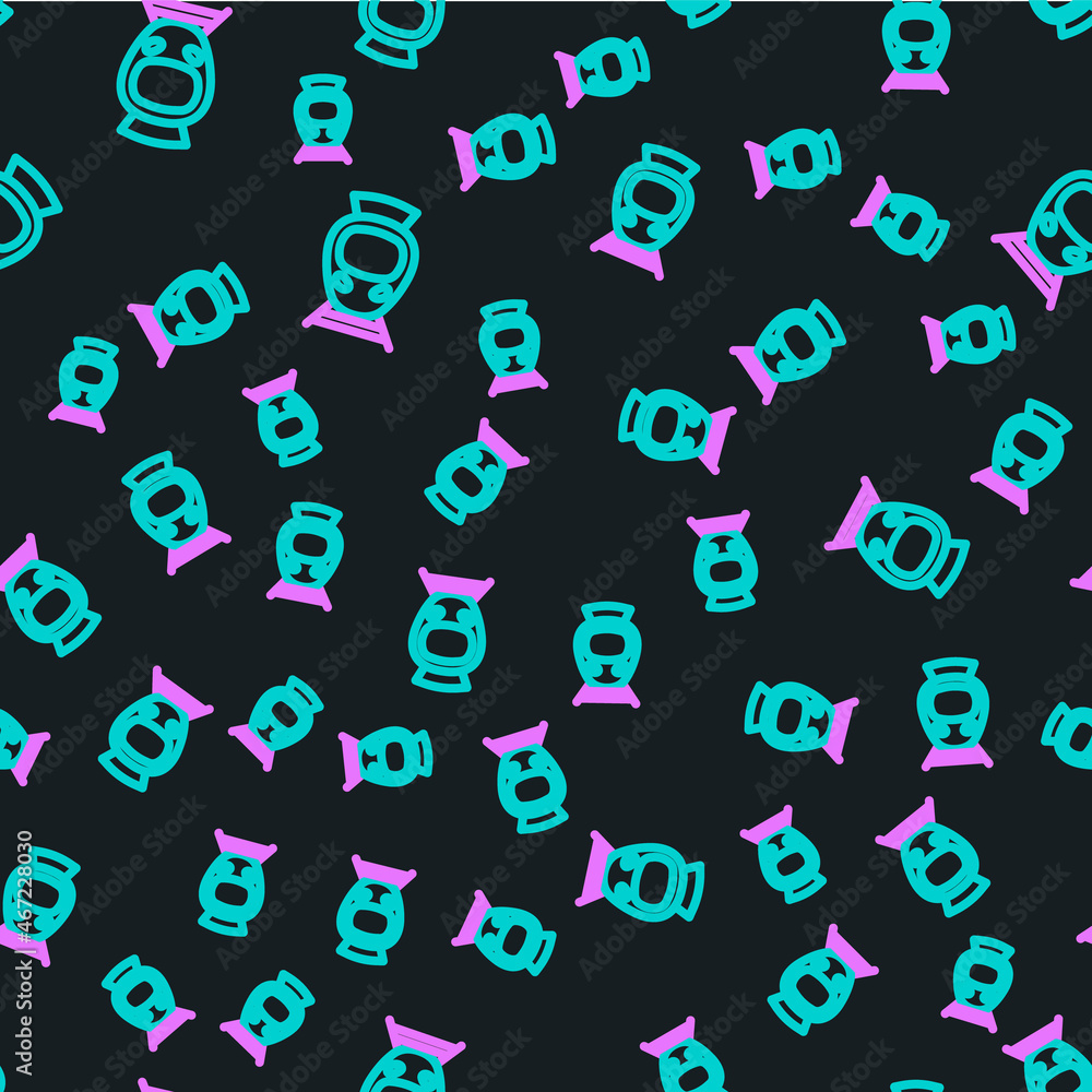 Line Tram and railway icon isolated seamless pattern on black background. Public transportation symb