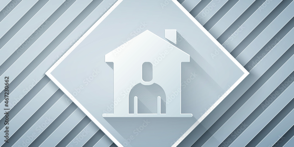 Paper cut Shelter for homeless icon isolated on grey background. Emergency housing, temporary reside