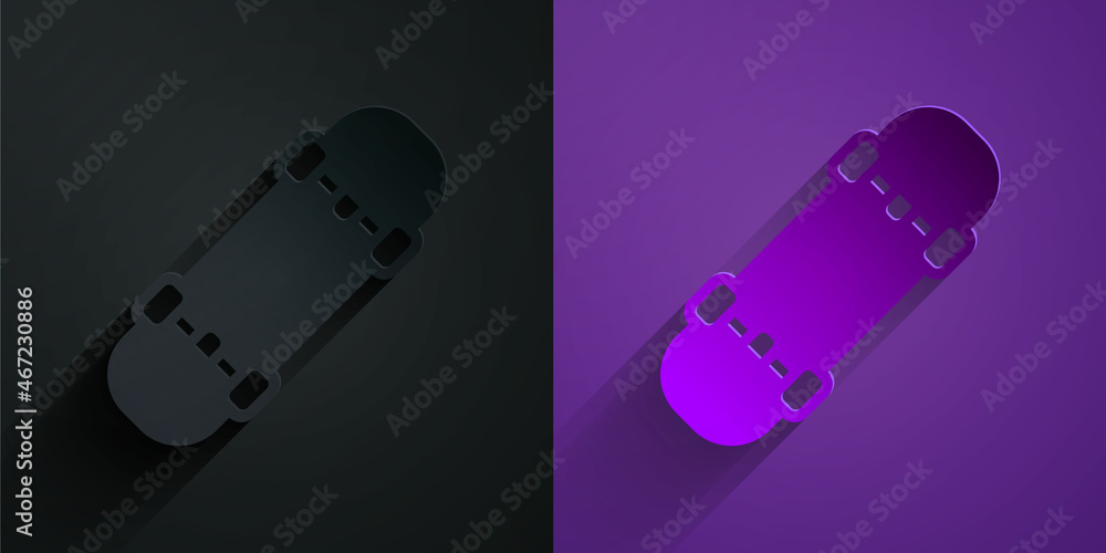 Paper cut Skateboard icon isolated on black on purple background. Extreme sport. Sport equipment. Pa