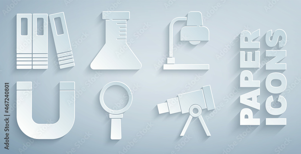 Set Magnifying glass, Table lamp, Magnet, Telescope, Test tube and flask and Office folders icon. Ve