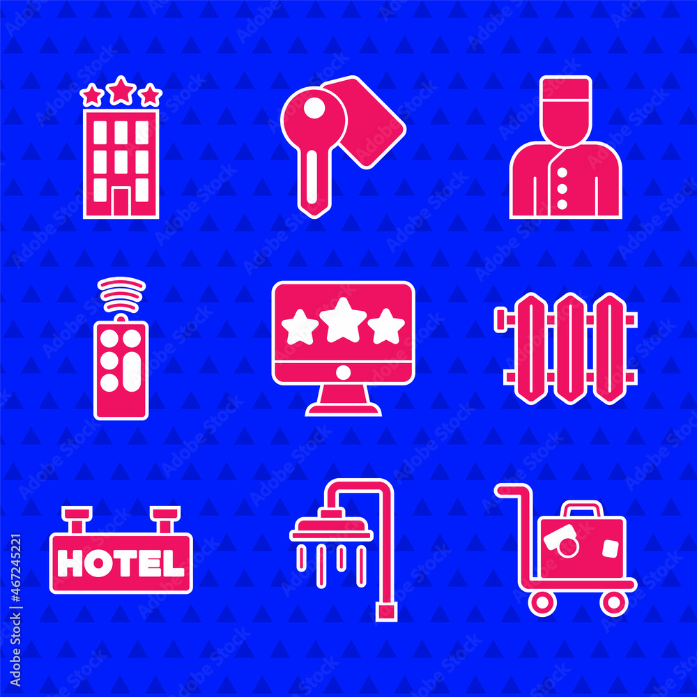 Set Five stars rating review，Shower，Suitcase，Heating radiator，Signboard with text Hotel，Remote（设置五星评