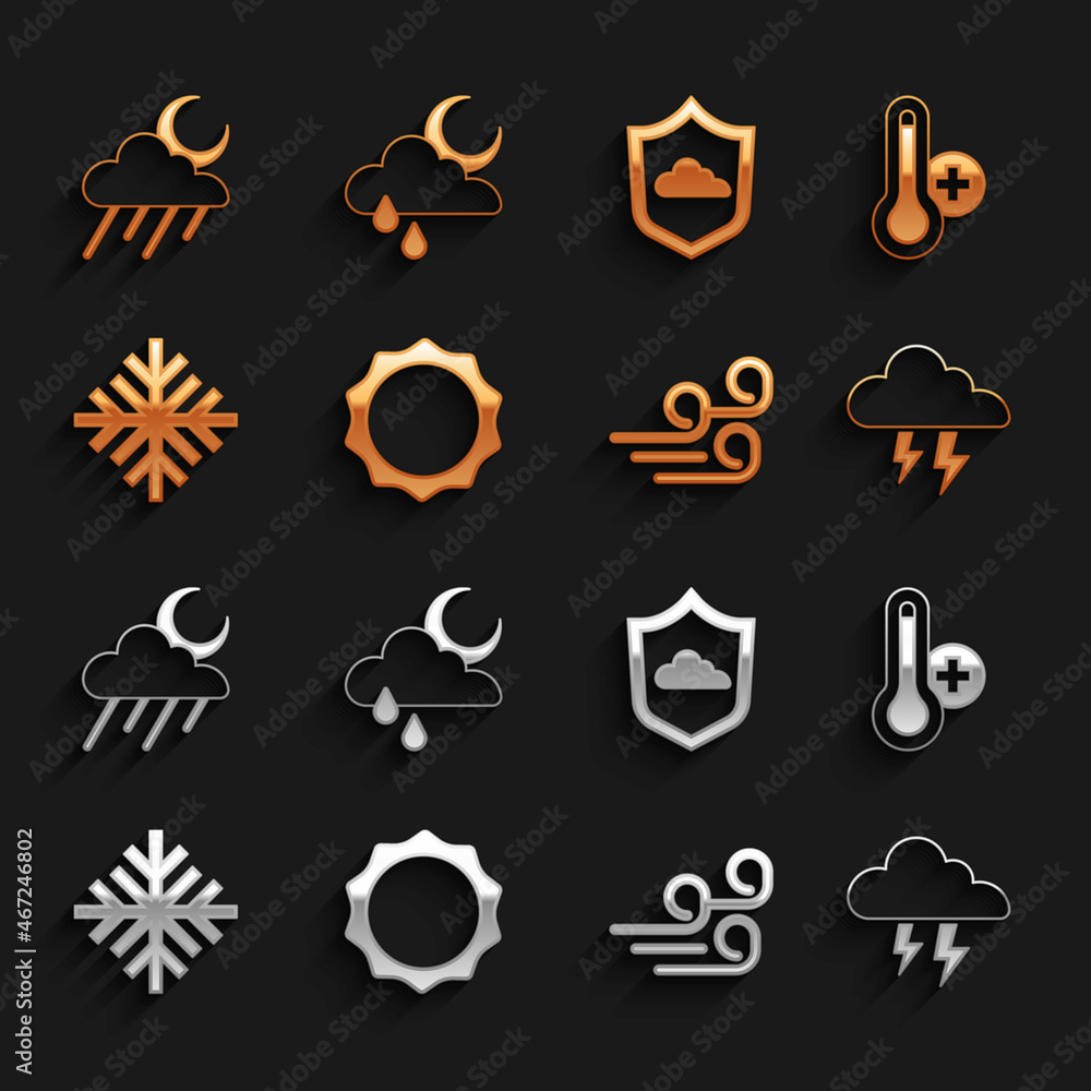 Set Sun, Meteorology thermometer, Storm, Windy weather, Snowflake, Weather forecast, Cloud with rain