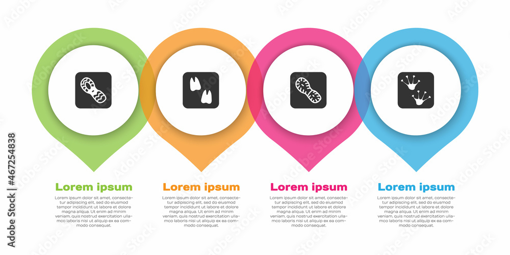 设置人类足迹鞋、骆驼爪和青蛙。商业信息图模板。矢量
