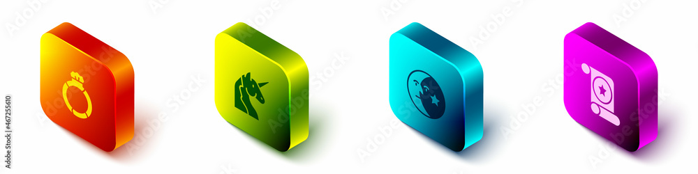 Set Isometric Magic stone ring with gem, Unicorn, Moon and stars and scroll icon. Vector