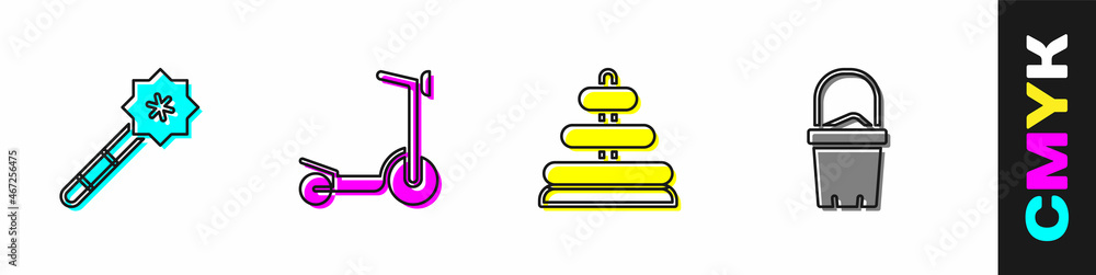设置魔杖、滚轴摩托车、金字塔玩具和桶中沙子图标。矢量