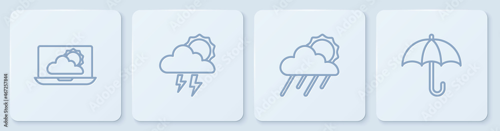 设线天气预报，有雨有太阳的云，风暴和雨伞。白色方形按钮。矢量