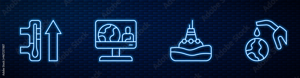 Set line Floating buoy on the sea, Global warming, Weather forecast and Gas pump nozzle and globe. G