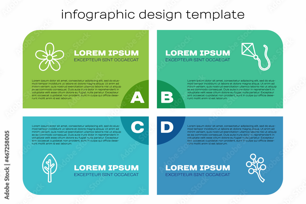 Set line Forest, Flower, Blossom tree branch and Kite. Business infographic template. Vector