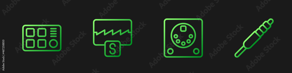 Set line Drum machine, , Music wave equalizer and Audio jack. Gradient color icons. Vector