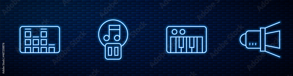 设置线路音乐合成器、均衡器、暂停按钮和电影聚光灯。砖上闪烁的霓虹灯图标
