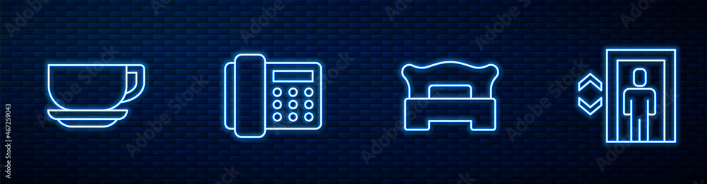 设置卧室、咖啡杯、电话听筒和电梯。砖墙上闪闪发光的霓虹灯图标。矢量
